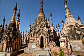 Rows of stupas in the Kakku (Kekku) Pagoda complex. The complex was kept hidden from the rest of the world until 2002 when it was opened to foreigners. Shan State, Burma (Myanmar).